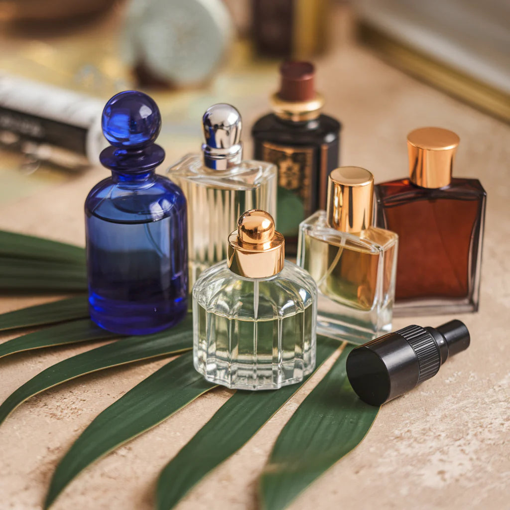 An inviting flat lay of various perfume bottles with soft lighting