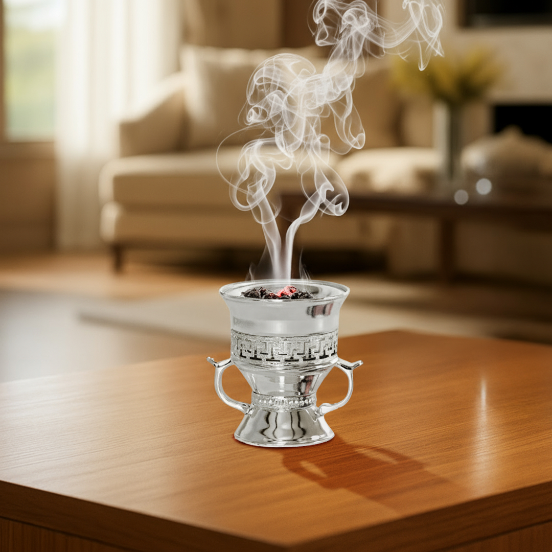Bakhoor Package-2 | 1 Silver Burner, 1  Muattar Oud Jasmine Bakhoor, 1 Silver Tong, 2 Charcoal Rolls