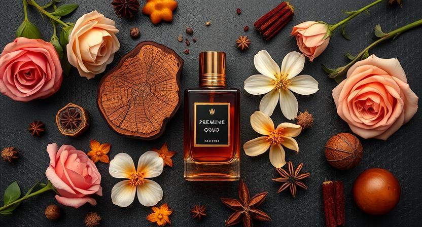 A luxurious flat-lay composition showcasing a bottle of premium oud perfume surrounded by resinous oud wood pieces, exotic flowers like roses and jasmine, and rich spices like saffron and amber, placed on a dark, textured background with warm lighting.