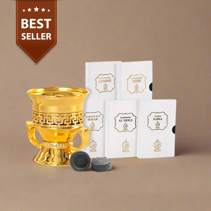 Bakhoor Combo | 1 Gold Burner, 1 Bakhoor Sample Set, 1 Charcoal Roll