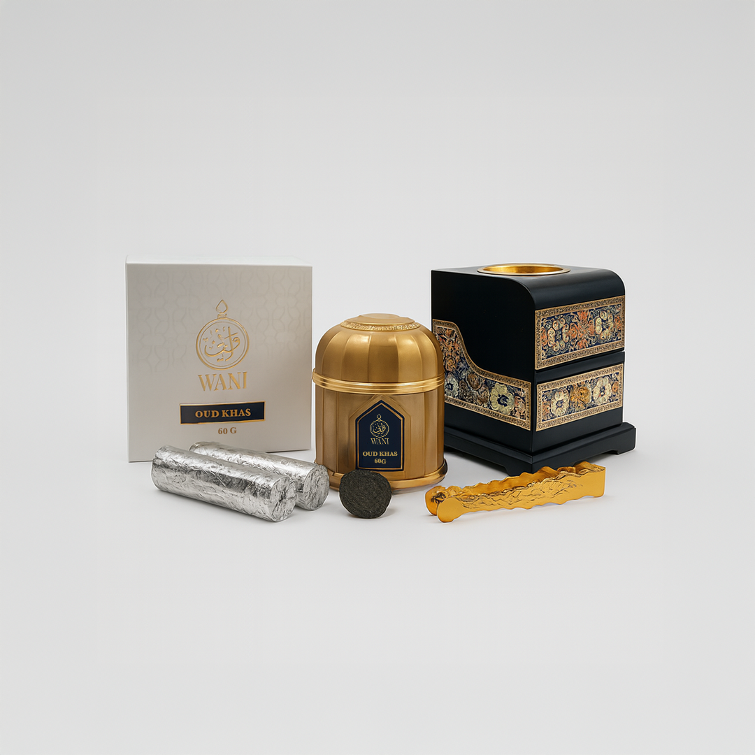 Bakhoor Package-4 | 1 Bakhoor Khas, 1 Mirage Royal Black & Gold Burner, 1 Gold Tong, 2 Charcoal Rolls