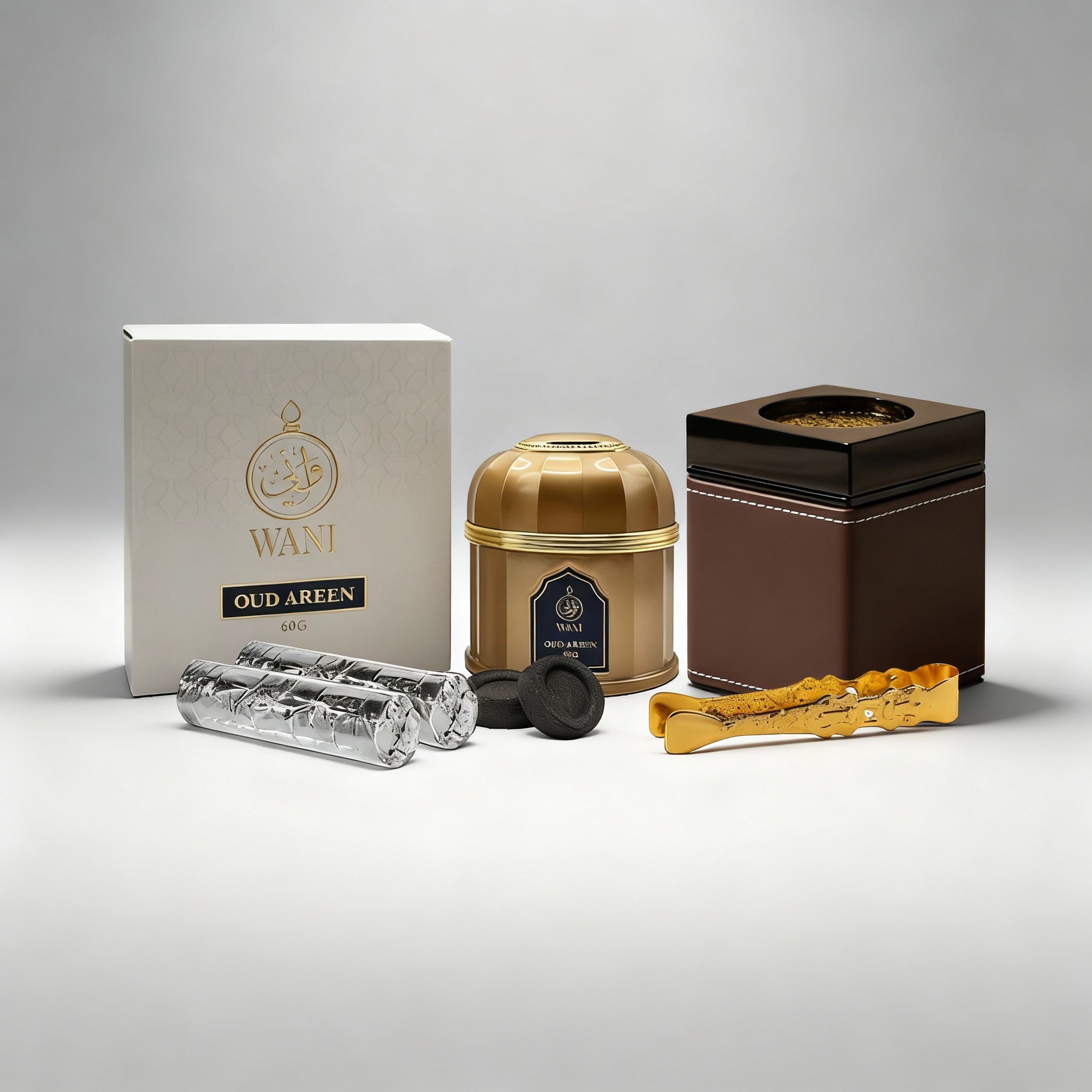 Bakhoor Package-3 | 1 Oud Areen, 1 Amiri Black & Gold Burner, 1 Gold Tong, 2 Charcoal Rolls