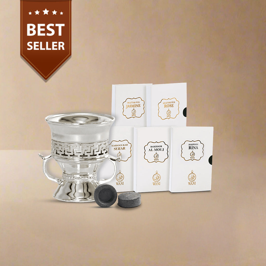 Bakhoor Combo | 1 Silver Burner, 1 Bakhoor Sample Set, 1 Charcoal Roll